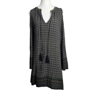 Millibon Women's Cold Shoulder Tassel V Neck Dress Size L Black Geometric Print